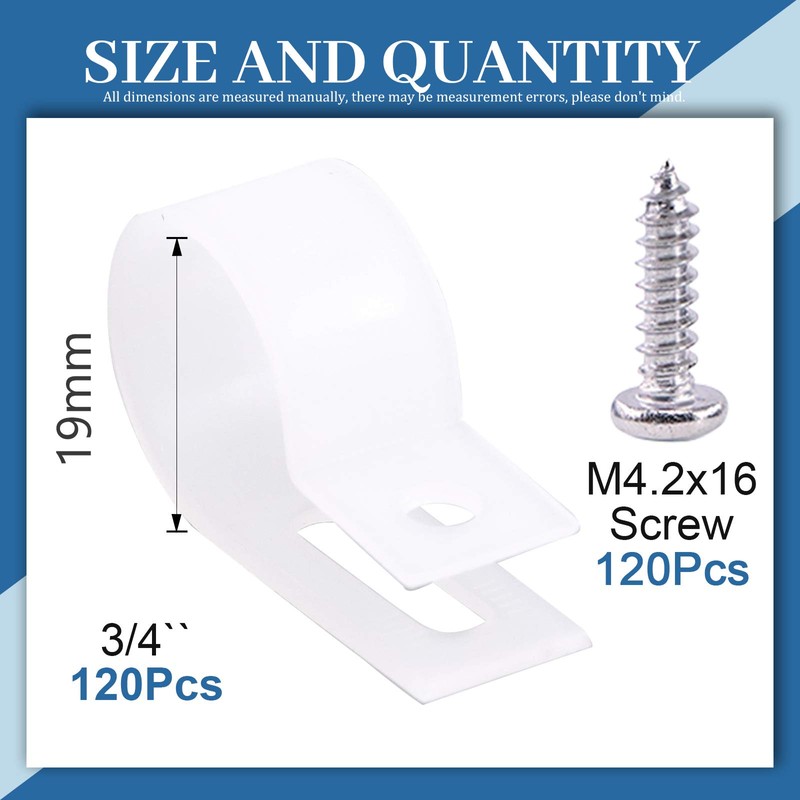 GLARKS 120Pcs 3/4 Inches White Nylon R-Type Cable Clip Wire