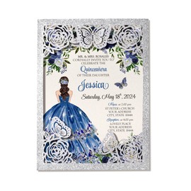 DORIS HOME 50Pcs Glitter Silver Butterfly Quinceanera Invitations, 5" x 7"