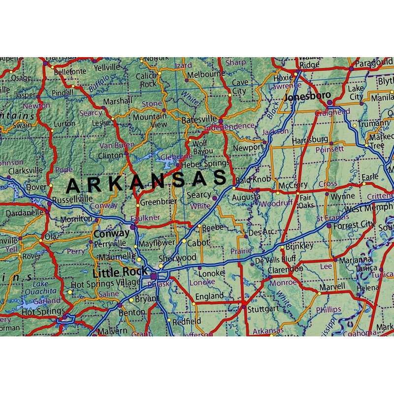 Texas, Louisiana, Arkansas & Mississippi States Physical Map - 23.3