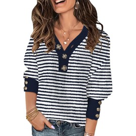 Soesdemo Oversized Sweaters for Women Striped Warm Cozy Chunky Soft Knitted V Neck Button Down Pullover Tunic Sweaters Blueb L