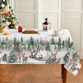 Horaldaily Christmas Tablecloth 60×60 Inch Square, Deers Snowman Trees White Washable Table Cover for Party Picnic Dinner Decor