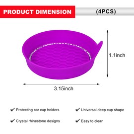 MUQIDA 4PCS Car Cup Coaster, Bling Crystal Silicone Non-Slip Cup Holder Insert Coasters, Shockproof Rhinestone Auto Drink Mat Universal for Women Girls, Interior Car Accessories (Dark Purple)