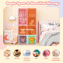 Costzon Kids Wardrobe Closet, Cartoon DIY Modular Dresser Storage Organizer with 8 Cubes & Clothes Hanging Section, Portable Closet Bedroom Nursery Armoire Rack for Toddlers Children, Pink