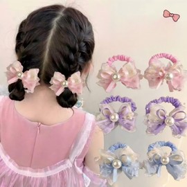 Lolita Ribbon, Pearl, Scrunchy, Kids, Organza, Hair Tie, Girls, Hair Accessories, Baby, Princess Style, Pack of 2 (Pink)