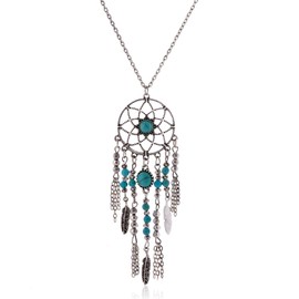 LUREME Native American Dream Catcher Turquoise Pendant Long Chain Necklace (01003467) (Antique Silver)