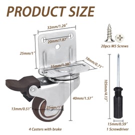 Set of 4 Furniture Castors with Brake, 25 mm Furniture Castors Small, Small Furniture Castors L Mounting Plate, Swivel Castors with Brake, Load Capacity 45 kg, with 20 Screws, 1 Screwdriver, for