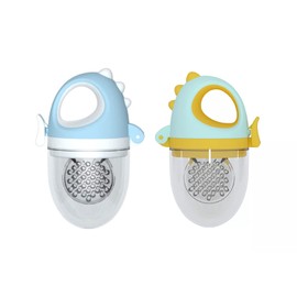 Chupón para Fruta y Papilla, con Seguro y Tapa, Diseños de Dinosaurio, 2 Piezas, Varios Colores y Libre de BPA, Para Niño y Niña | Azul y Verde Amarillo