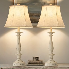 AIDENOEY 28.5" Traditional Table Lamp Set of 2, Rustic Farmhouse Table Lamps for Living Room Bedroom, Bedside Desk Lamps Vintage Nightstand Lamps with Silk Fabric Shades, Distressed White