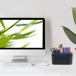 Relaxdays Desk Organiser, 5 Compartments, Plastic and Wood, Bathroom Organiser, Modern, H x W x D: 9.5 x 18 x 15 cm, Black