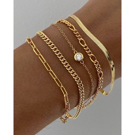 DEARMAY Gold Bracelets for Women, 14K Real Gold Jewelry Set for Women Cuban Link Beaded Chain Bracelets 18K Gold Plated Figaro Paperclip Rope Herringbone CZ Bracelet Pack Gifts for Women Teen