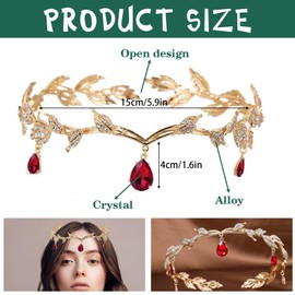 JAONLD Gold Tiara for Women Crown Wedding Headbands Forest Elf Princess Headpiece Goddess Rhinestone Head Band Vintage Beaded Forehead Headdress Dress Accessories for Bride Bridesmaid Girls, Red