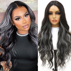 KINCYDU Long Black Mixed Blonde Wavy Wig Natural Looking Synthetic Heat Resistant Fiber Wig Black Mixed Blonde Highlight Middle Part Curly Wig For Daily Party Use For Women 26 Inch