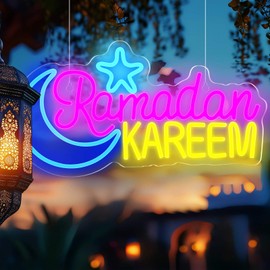 Glooglitter Large Ramadan Mubarak Neon Sign 17.7 x 7.5 Inch LED Wall Art Eid Mubarak Sign Moon Star Neon Light Decor for Home Islamic Holiday Gift Decoration Eid Al Fitr Party Supply(Ramadan Kareem)