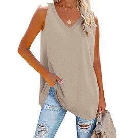 Fisoew Women V Neck Tank Tops Summer Loose Casual Basic Solid Color Sleeveless Shirts Tunic Tops Khaki