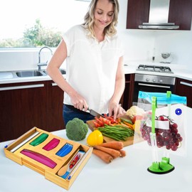 Forest & Twelfth Expandable Bamboo Kitchen Drawer Organizer for Storage Bags, Gallon, Quart, Snack, Sandwich Size, Plastic Wrap & Foil Dispenser with Prep Bag Holder, Eco-Friendly Kitchen Organization