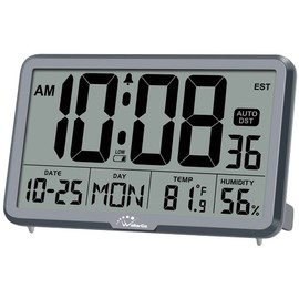 WallarGe Auto Set Digital Wall Clock Battery Operated, Desk Clocks with Temperature, Humidity and Date, Large Display Digital Calendar Alarm Clock for Elderly, Bedroom, Office, 8 Time Zone, Auto DST.