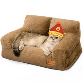 FAMIDGE Cat Couch, Fluffy Cat Bed for Indoor Cats, Calming Pet Sofa Bed Puppy Sleeping Bed, Cute Dog Couch for Small Cats & Dogs up to 12lbs(Small, Brown)