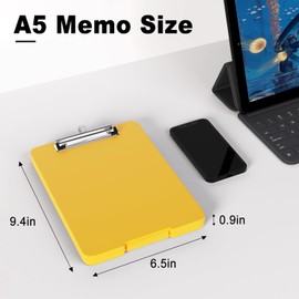 Hongri A5 Clipboard with Storage, Metal Retractable Pen Holder, 6 x 9'' Nursing Plastic Foldable Clip Board, Office Supplies, School Supplies, Menu Box for Work, Yellow