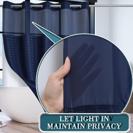 Conbo Mio No Hook Shower Curtain with Snap in Liner Set, Hotel Luxury Navy Blue Shower Curtains for Bathroom with See Through Top Window, Waterproof, Washable 71W x 74H