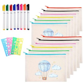 Pack of 12 DIY Blank Fabric Bags, Cosmetic Bags with Zip, Fabric Bag, Pencil Case, Small Fabric Bag, Fabric Bag for Painting with 4 Colouring Templates, 8 Colouring Pencils, Suitable for Children DIY