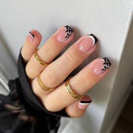 YOSOMMK Press on Nail Short Square Fake Nail with Black Flower Designs Nude Glossy Full Cover Square False Nails Cute Glue on Acrylic Nails for Women and Girls