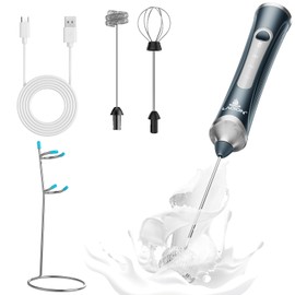 LAOION Rechargeable Frother Wand with Stand, Milk Frother with Detachable Stainless Steel Double Rings Whisk, 3-Speed Handheld Electric Drink Mixer for Lattes, Cappuccino, Coffee (Dark Blue)