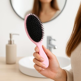 Pink Boar Bristle Paddle Hairbrush for Extensions, Long Thick Curly Hair, Gentle Detangling Brush with Soft Cushion, Reduces Breakage and Frizz, Comfortable Grip, Suitable for Wet or Dry Hair