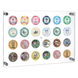 FINGERINSPIRE Casino Chip Display Holder for 24 Chips/Coins 13.4x9.3inch Wall Mounted Acrylic Poker Chip Display Stand Clear Floating Frame for Collectors Casino Enthusiasts Home Bar or Game Room