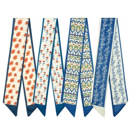 ZGGZHeim Set of 4 Slim Neckerchiefs, Women's Fashionable Satin Scarf for Handbags, Hair and Neck, blue