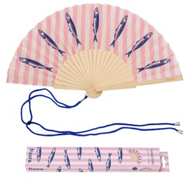 Fisura – Ventaglio in legno stampa sardine rosa, accessorio estivo moderno stile mare, con laccetto incluso, idea regalo originale, 42,5 x 23 cm