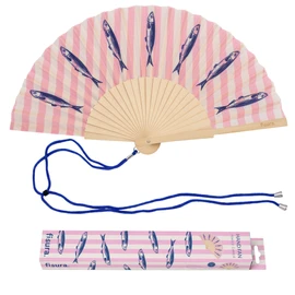 Fisura – Ventaglio in legno stampa sardine rosa, accessorio estivo moderno stile mare, con laccetto incluso, idea regalo originale, 42,5 x 23 cm
