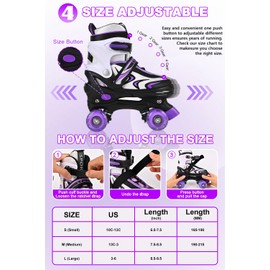 ZHUKAIKJ 4 Size Adjustable Roller Skates Kids for Boys and Girls with All Light Up Wheels, Toddler Kids Beginner for Outdoor Indoor Sports, Large(3Y-6Y US), Black&Purple