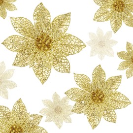 Wironlst 24 Pieces 3 Size Glitter Poinsettia Flowers Christmas Tree Ornaments, Glitzy Poinsettia Bushes Christmas Decorations for Xmas/Holiday/Seasonal/Wedding (Gold)