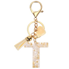 PATIKIL Alphabet Initial Letter Keychain, Resin Cute Keychains with Tassel Heart Letter T Pendant Charm for Women Key Purse Handbag Backpack Bag Accessories, Beige