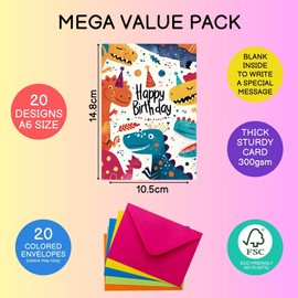 20 x Kids Happy Birthday Cards Multi Pack With Envelopes Assorted Greeting Card Box Pack For Girls Boys & Toddler