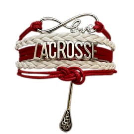 SportyBella Lacrosse Bracelets - Adjustable Charm Bracelet with Infinity Symbol & Silver Lacrosse Stick Charm. Friendship Bracelet Gifts for Players, Teams & Coaches. (Red/ White)