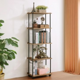 GETALL 5 Tier Bookshelf, Movable Home Office Bookcase Storage Organizer with Lockable Wheels, Free Standing Industrial Corner Book Shelves, Display Book Shelf for Bedroom, Living Room, Vintage Brown