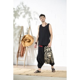 Boho Pants Elastic Ankle Harem for Men, Exercise Pajama Jogger Loose Boho Aladdin Pant , Fate Weaver Black-Beige, X-Large