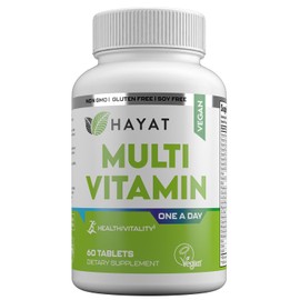 HAYAT Vitamins Vegan Natural Multivitamin, Daily Vitamins with Vitamin A, C, D, E, B1, B2, B3, B6, B12, Biotin, Zinc and More, 2 Month Supply, All Natural, Certified Halal, 60 Tablets, Made in The USA