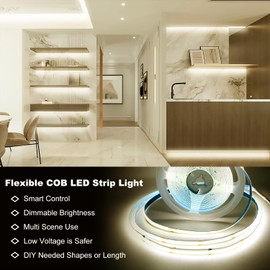 DAYBETTER COB Led Strip Light, Led Light Strips with Remote and App, 16.4 ft 4000K Dimmable Natural White Led COB Light Strip, Indoor COB Led Lights for Bedroom, TV, Cabinet, Closet Lighting