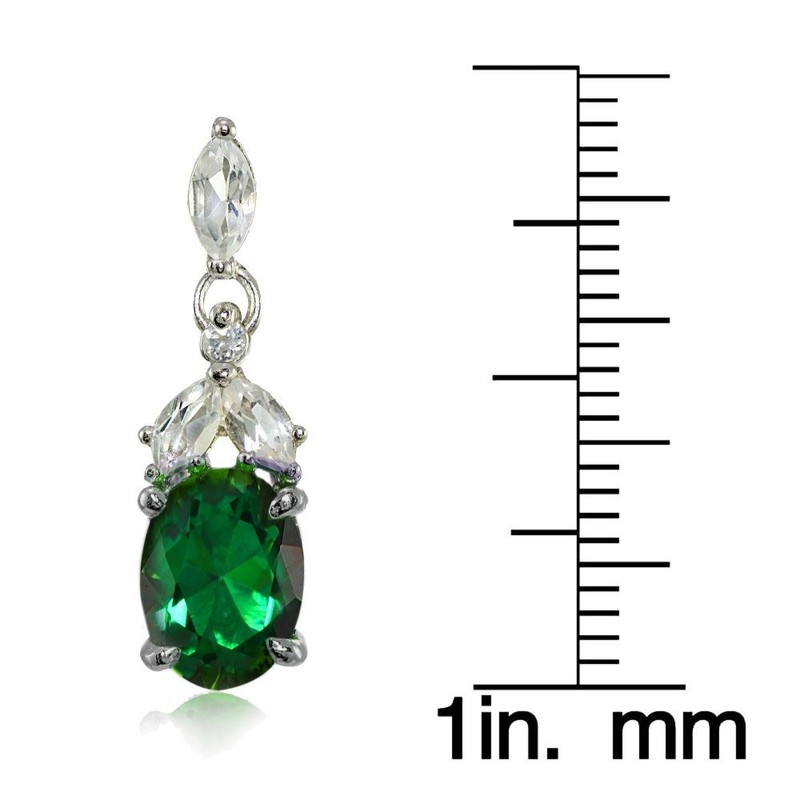 Sterling Silver Created Emerald and White Topaz Oval Dangle Earrings