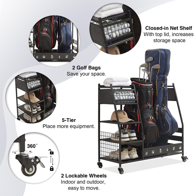 Lauren&Harold Golf Bag Organizer - Fits 2 Bags, Clubs &