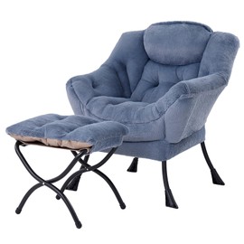 Welnow Lazy Chair with Ottoman, Modern Lounge Accent Chair with Armrests and a Side Pocket, Leisure Upholstered Sofa Chair Set, Reading Chair with Footrest for Small Space, Plush Light Blue