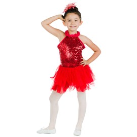 Danzcue Girls Halter Red Sequin Ballet Dress Jazz Costumes (4-6, Scarlet)