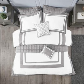 Madison Park Heritage 8 Piece Comforter and Quilt Set Collection - Modern Luxury Design, All Season Down Alternative Bedding, Matching Shams, Decorative Pillows - Color: Grey, Bedding Size: King/Cal King