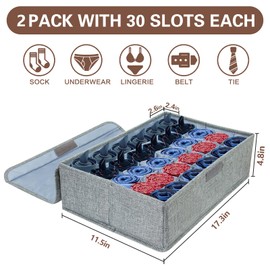Sock Drawer Organizer Divider 4 Pack Socks Organizer with Lid 30 Cell Foldable Closet Organizer Divider Cabinet Organizer Underwear Storage Boxes for Storing Socks Bra Handkerchiefs Ties Belts (Gray)