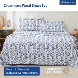 DREAMCARE Queen Size Sheets - Floral Sheets Queen Size Bed Set - 4pcs Queen Sheet Set - Cooling Bed Sheets - Queen Size Sheet Sets - Soft & Long Lasting - Floral Blue