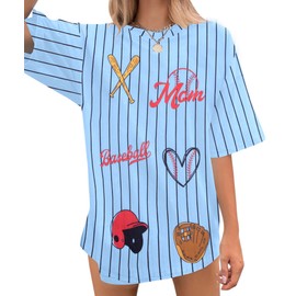 Baseball Shirts for Women Oversized Baseball Mom Shirts Game Day Fan Short Sleeve Tops Baseball Heart Graphic Tees Blue