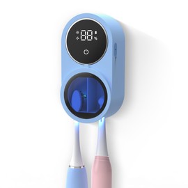 Wall Mounted Toothbrush Holder and Cleaner Smart Light Cleaning and Fan Drying Automatic Rotating Cover Toothbrush Case with Digtal Screen Display Portable Toothbrush Device for Trips (02 Blue)