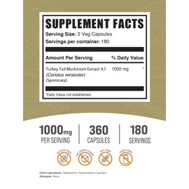 BulkSupplements.com Turkey Tail Mushroom Capsules - Coriolus Versicolor Extract, Turkey Tail Mushroom Extract - Vegan & Gluten Free, 2 Capsules per Serving, 360 Veg Capsules (Pack of 1)